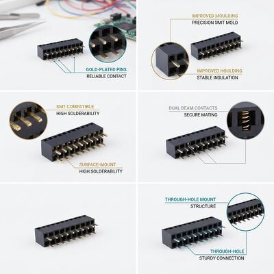 Podwójny rzęd 2,54 mm prostokątny kobiecy złącze nagłówkowe 04P-80P Złoty Flash PA6T PCB przez dziurę