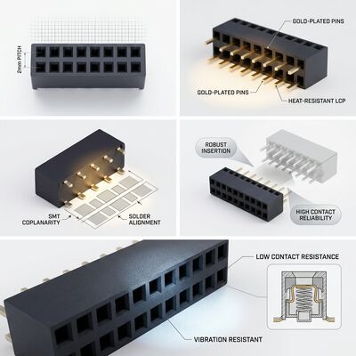 Złącze żeńskie dwurzędowe 2.54MM z pokryciem złotem PA6T, z polaryzacją i kluczem, do montażu przewlekanego na PCB